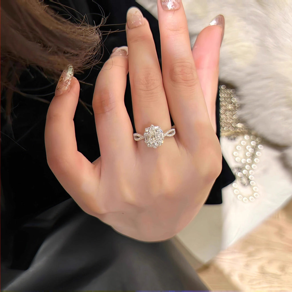Kouchta — Solitaire ovale halo fleuri, moissanite 1 ct, argent 925, tailles 6-9