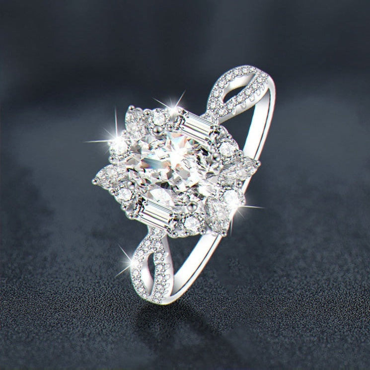 Kouchta — Solitaire ovale halo fleuri, moissanite 1 ct, argent 925, tailles 6-9
