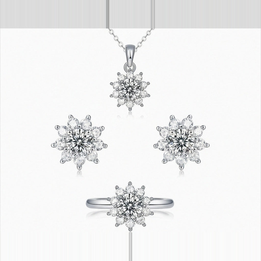 Parure Tournesol Kouchta — collier, puces et bague, moissanite, argent 925