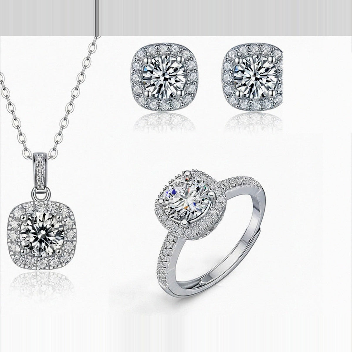 Parure Coussin Kouchta — collier, puces et bague moissanite, argent 925