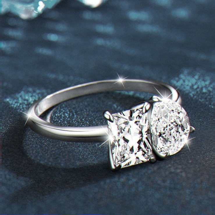 Kouchta — Bague Toi et Moi, moissanites poire 1 ct et princesse 1,25 ct, argent 925, tailles 5-9