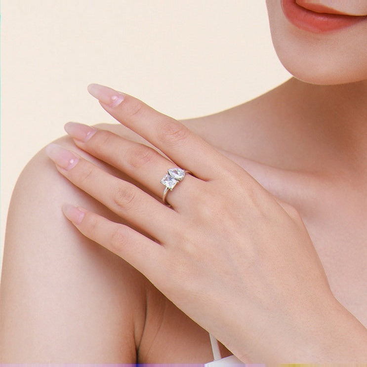 Kouchta — Bague Toi et Moi, moissanites poire 1 ct et princesse 1,25 ct, argent 925, tailles 5-9
