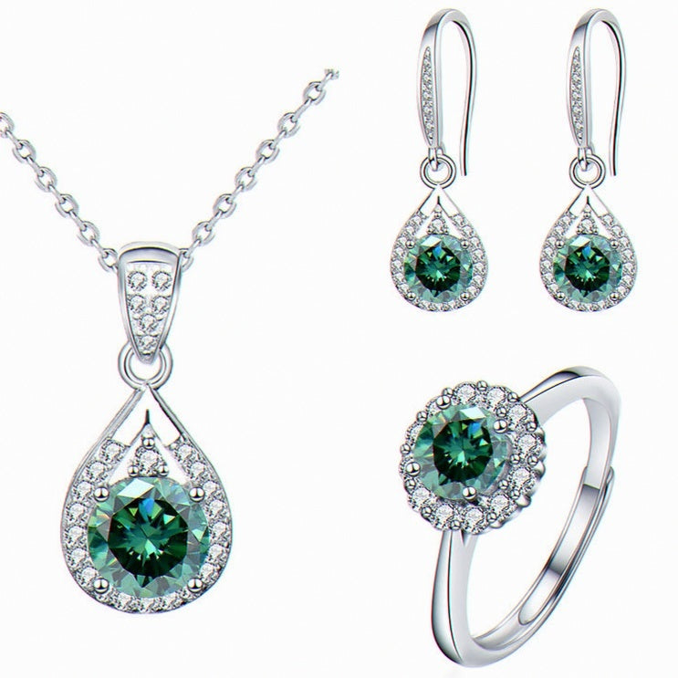 Parure Goutte Kouchta — collier, bague et boucles, moissanite verte, argent 925
