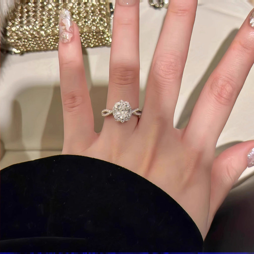 Kouchta — Solitaire ovale halo fleuri, moissanite 1 ct, argent 925, tailles 6-9