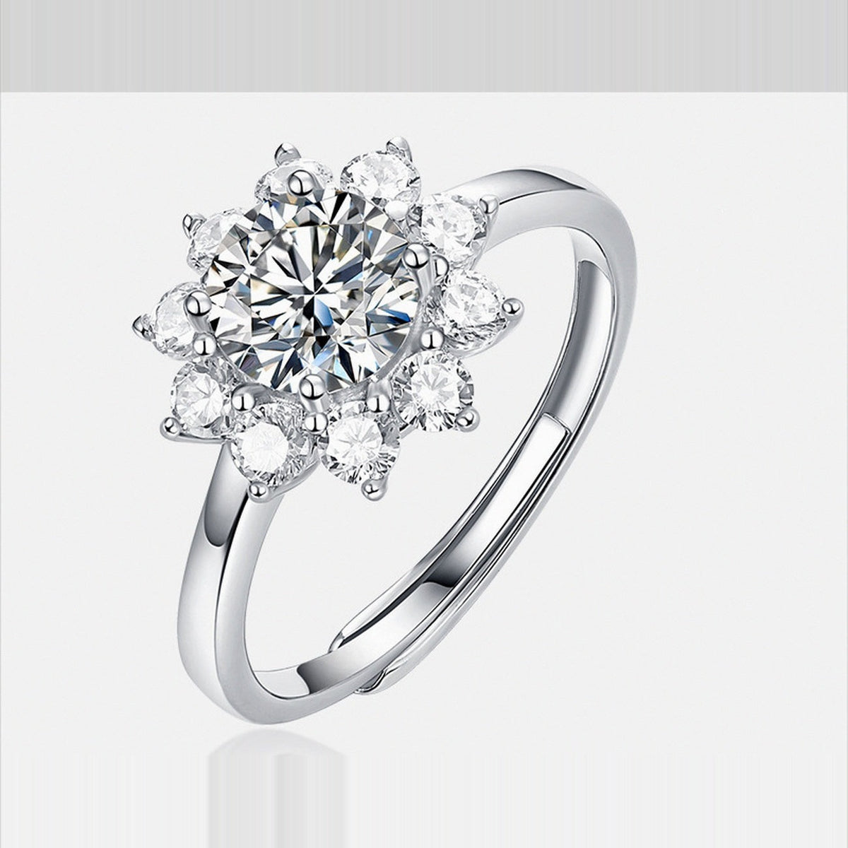 Bague Tournesol moissanite 1 ct anneau ouvert ajustable, argent 925