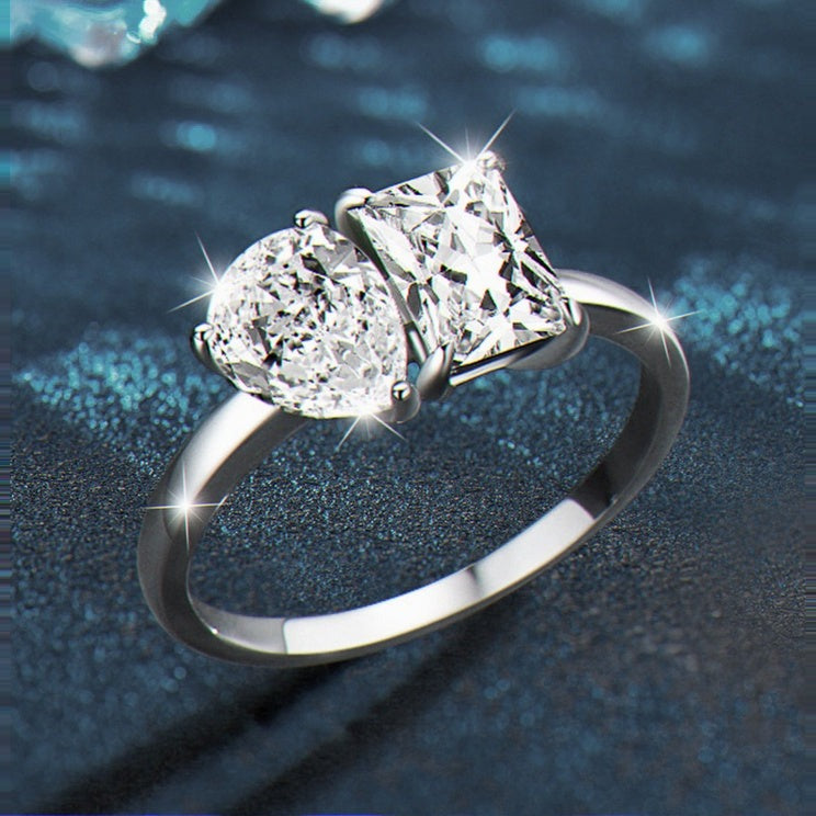 Kouchta — Bague Toi et Moi, moissanites poire 1 ct et princesse 1,25 ct, argent 925, tailles 5-9