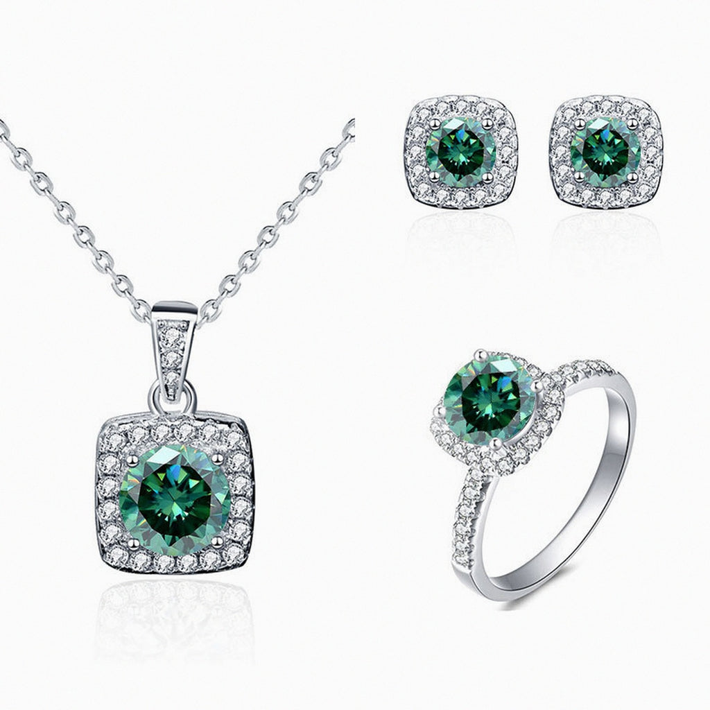Parure Carré Kouchta — collier, bague et puces, moissanite verte, argent 925
