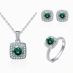 Parure Carré Kouchta — collier, bague et puces, moissanite verte, argent 925