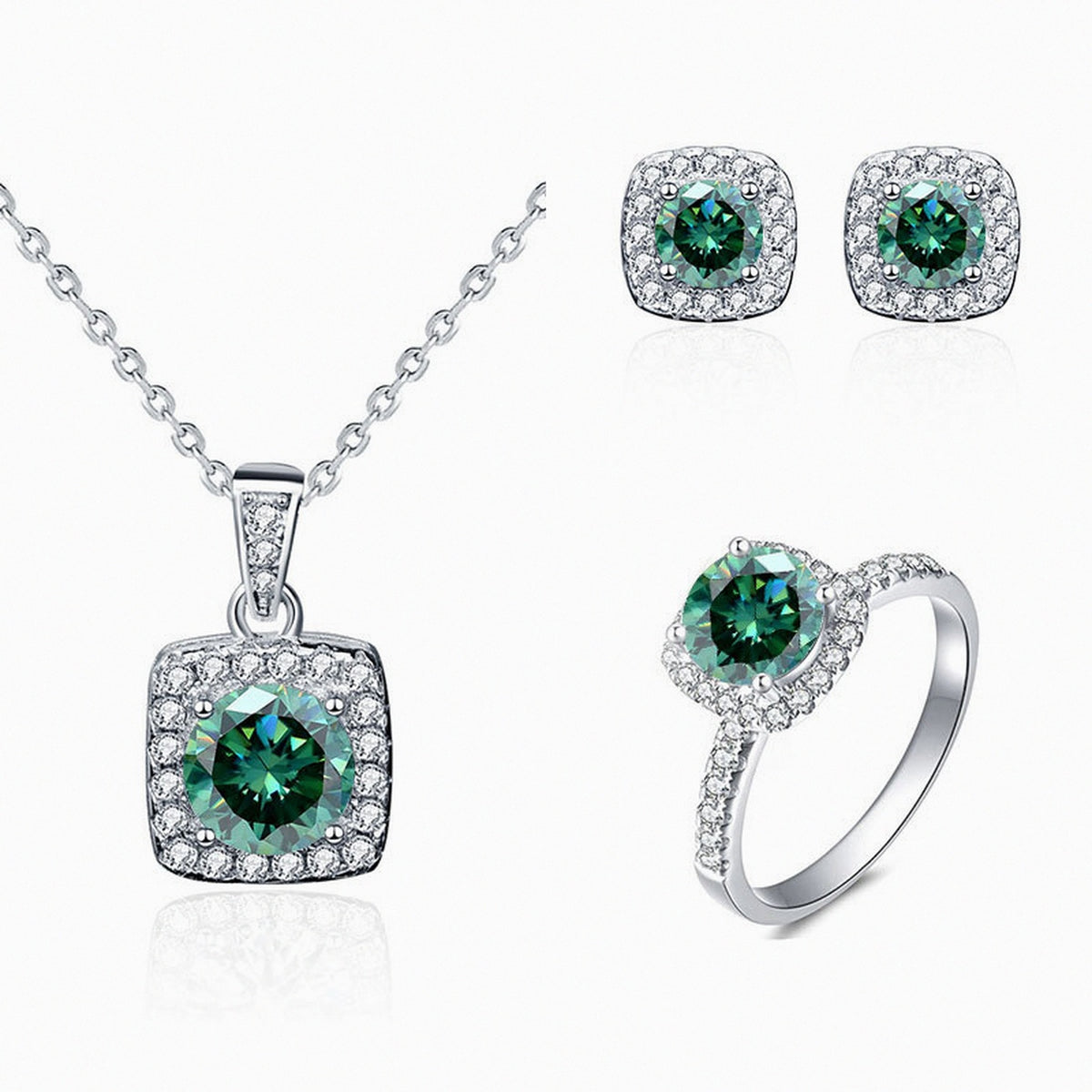 Parure Carré Kouchta — collier, bague et puces, moissanite verte, argent 925