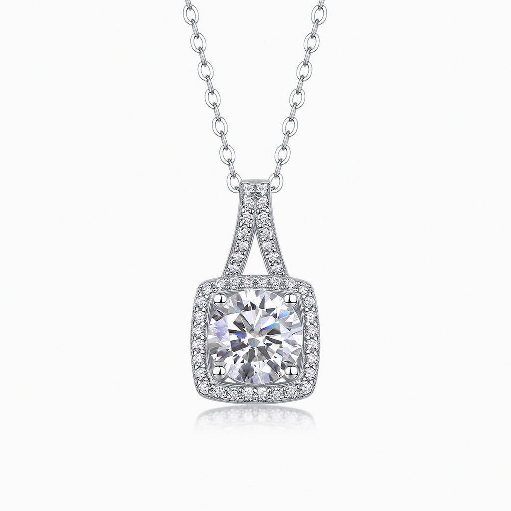 Pendentif coussin moissanite, halo pavé, argent 925