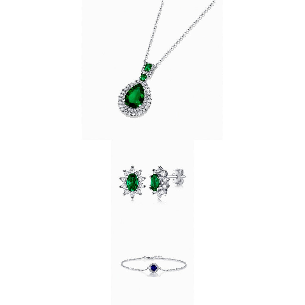 Parure Royale Kouchta : collier, puces et bracelet — émeraude et saphir de laboratoire, argent 925